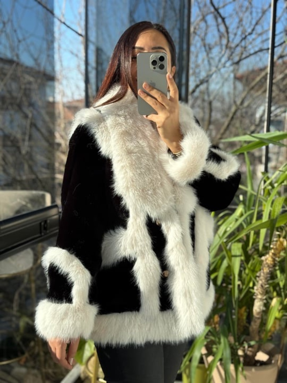Black Jacket with Cream Fur Trim - Women's Coat